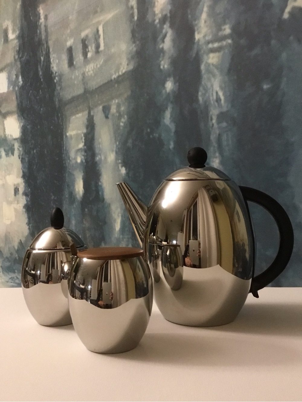 Mid Century Atomic Style Stainless Steel Teapot, Creamer, & Sugar Bowl